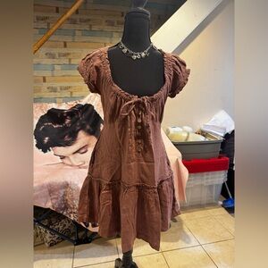 Free People Rustic Brown Tiered Mini Dress with Button Front